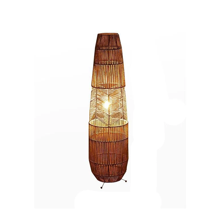 Traditional Japanese Weaving Iron Paper Cord Column Basket 1-Light Standing Floor Lamp For Living Room