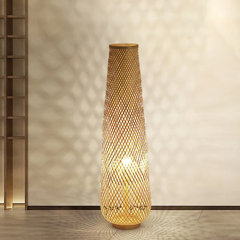 Contemporary Boho Handmade Weaving Bamboo Column Lantern 1-Light Standing Floor Lamp For Living Room