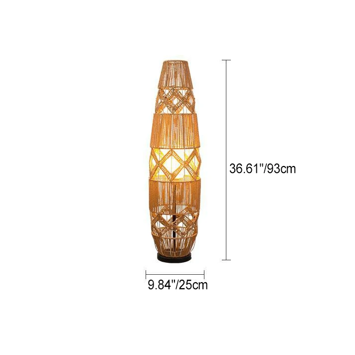 Traditional Japanese Handmade Weaving Hemp Rope Column Lozenge Pattern 1-Light Standing Floor Lamp For Living Room