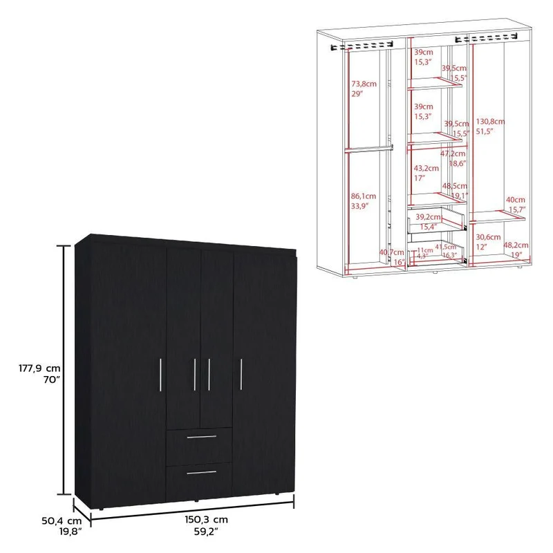 Clóset Bariloche Bombay Eco, Wengue, con Variedad de Entrepaños y Cuatro Puertas Abatibles ZF