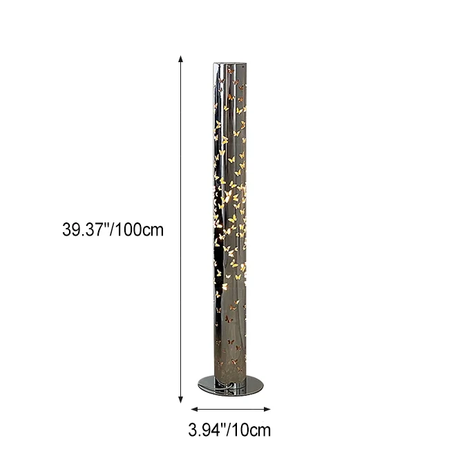 Contemporary Scandinavian Cylinder Disc Base Butterfly Textured Stainless Steel LED Standing Floor Lamp For Living Room