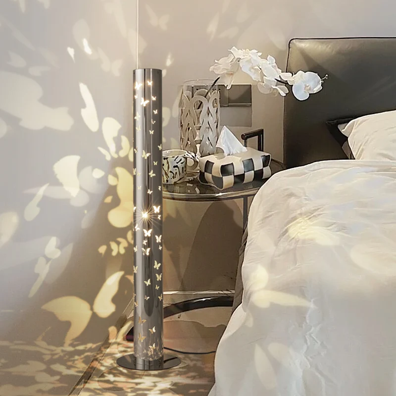 Contemporary Scandinavian Cylinder Disc Base Butterfly Textured Stainless Steel LED Standing Floor Lamp For Living Room