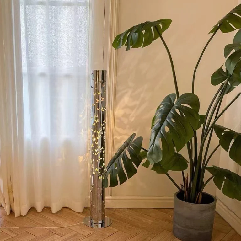 Contemporary Scandinavian Cylinder Disc Base Butterfly Textured Stainless Steel LED Standing Floor Lamp For Living Room