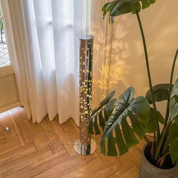Contemporary Scandinavian Cylinder Disc Base Butterfly Textured Stainless Steel LED Standing Floor Lamp For Living Room