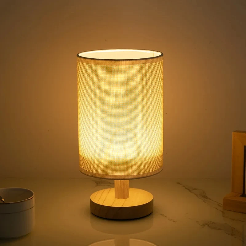 Contemporary Nordic Cylinder Solid Wood Fabric LED Table Lamp For Bedroom
