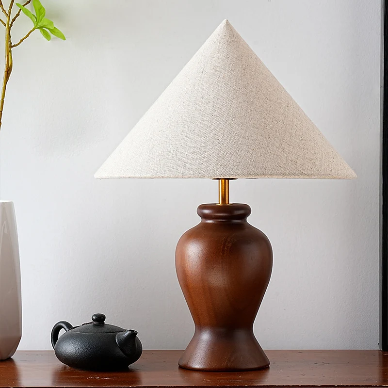 Contemporary Retro Wood Fabric Metal Conic Cylinder Floral Pattern 1-Light Table Lamp For Bedside