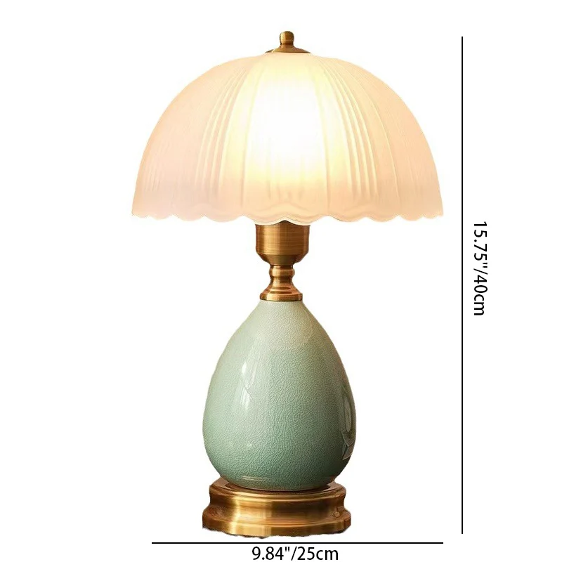 Traditional European Vase Ceramic Base Round Lace Dome Glass Shade 1-Light Table Lamp For Bedroom