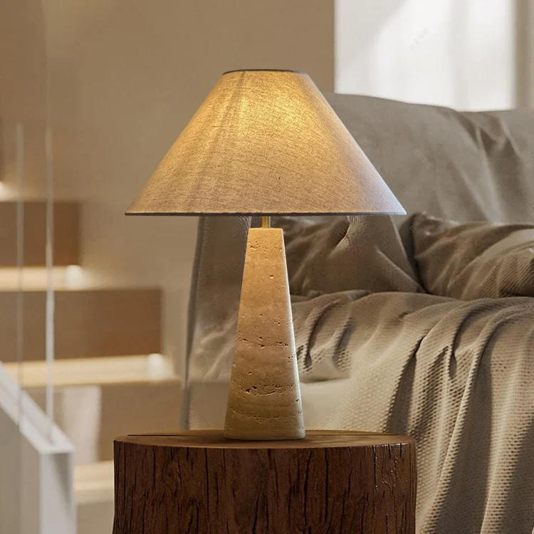 Traditional Vintage Frustum Cone Yellow Travertine Fabric 1-Light Table Lamp For Bedroom