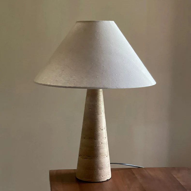 Traditional Vintage Frustum Cone Yellow Travertine Fabric 1-Light Table Lamp For Bedroom