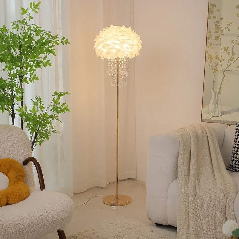 Contemporary Nordic Iron Feather Crystal Oval 1-Light Standing Floor Lamp For Living Room