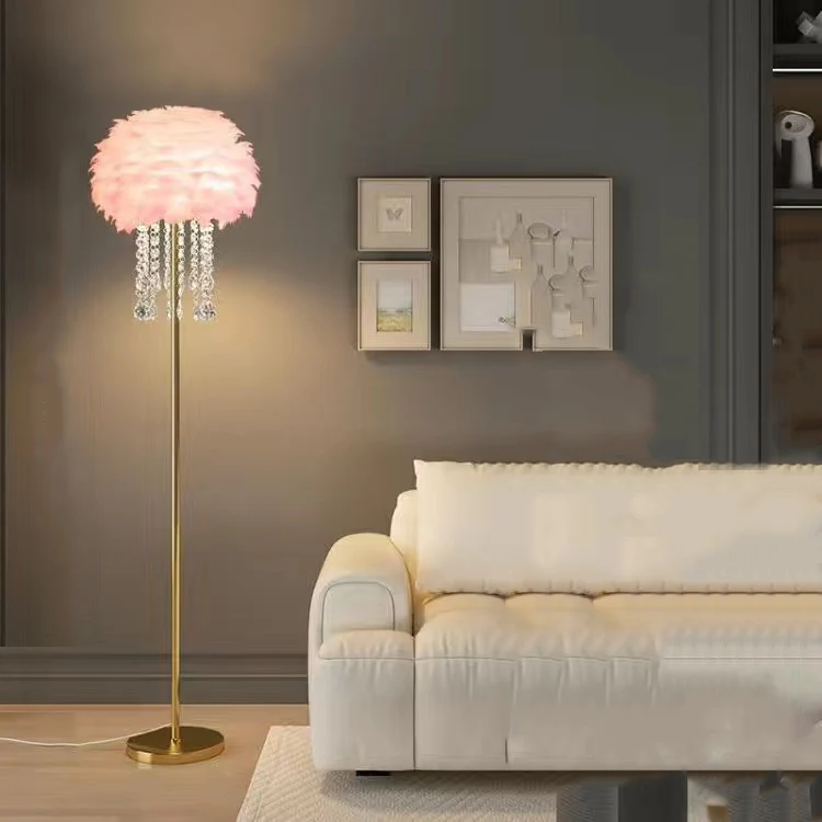 Contemporary Nordic Iron Feather Crystal Oval 1-Light Standing Floor Lamp For Living Room