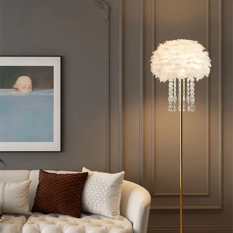 Contemporary Nordic Iron Feather Crystal Oval 1-Light Standing Floor Lamp For Living Room