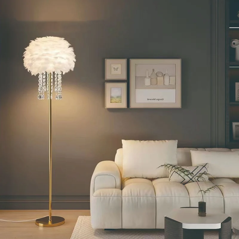 Contemporary Nordic Iron Feather Crystal Oval 1-Light Standing Floor Lamp For Living Room