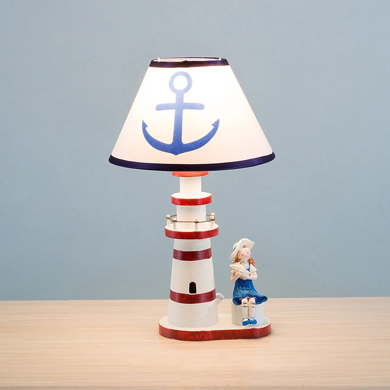 Contemporary Coastal Wood Fabric Kids Conic Lighthouse 1-Light Table Lamp For Bedroom