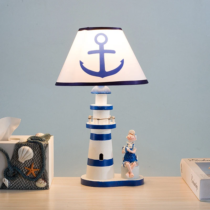 Contemporary Coastal Wood Fabric Kids Conic Lighthouse 1-Light Table Lamp For Bedroom