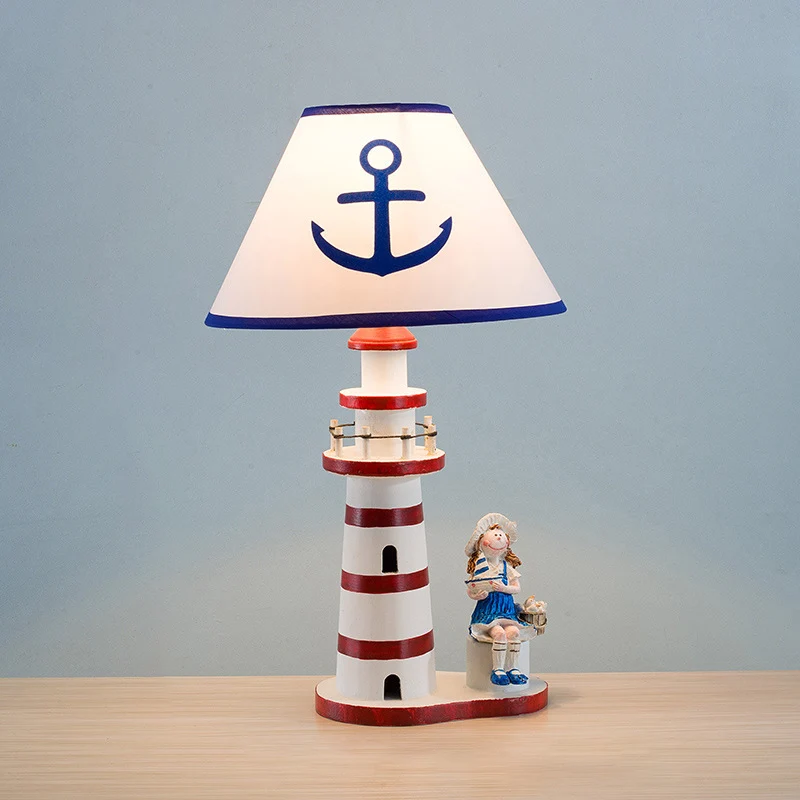 Contemporary Coastal Wood Fabric Kids Conic Lighthouse 1-Light Table Lamp For Bedroom