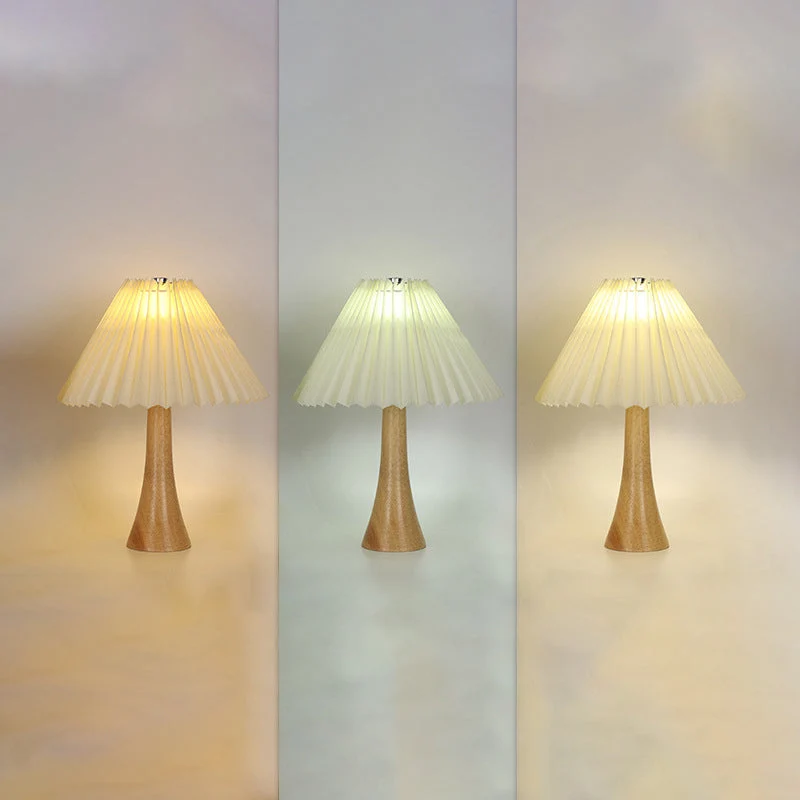 Traditional Japanese Pleated Fabric Shade Wood Column Base LED USB Table Lamp For Bedroom