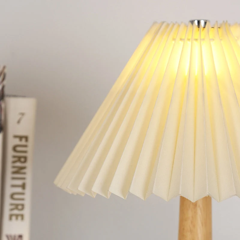 Traditional Japanese Pleated Fabric Shade Wood Column Base LED USB Table Lamp For Bedroom