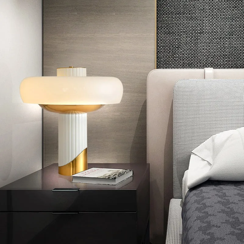 Modern Minimalist Round Cylinder Metal Glass 2-Light Table Lamp For Bedroom