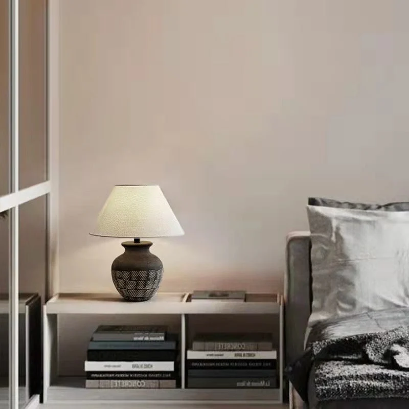 Traditional Japanese Cone Fabric Round Ceramic Jar Base 1-Light Table Lamp For Bedroom