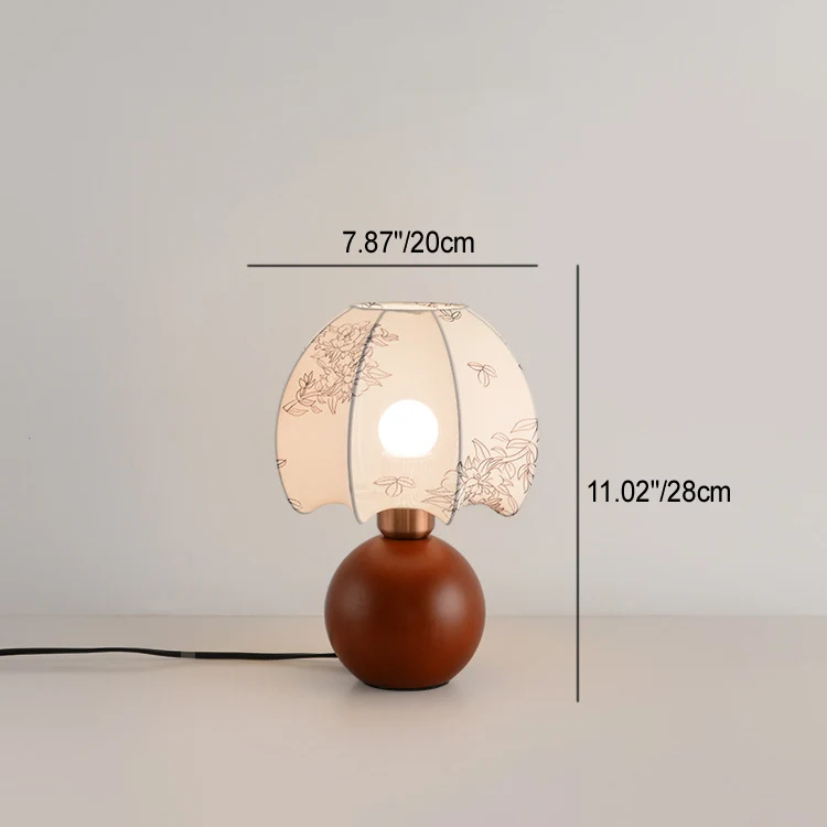Contemporary Retro Ball Base Conical Shade Flower Pattern Fabric Wood 1-Light Table Lamp For Bedroom