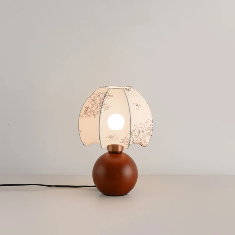 Contemporary Retro Ball Base Conical Shade Flower Pattern Fabric Wood 1-Light Table Lamp For Bedroom