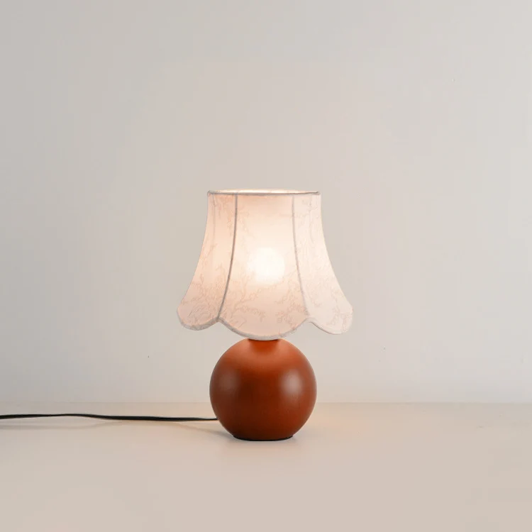 Contemporary Retro Ball Base Conical Shade Flower Pattern Fabric Wood 1-Light Table Lamp For Bedroom