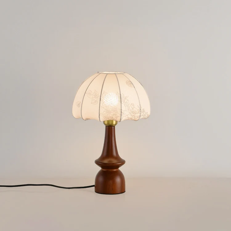 Contemporary Retro Pleated Conical Shade Flower Pattern Fabric Wood 1-Light Table Lamp For Bedroom