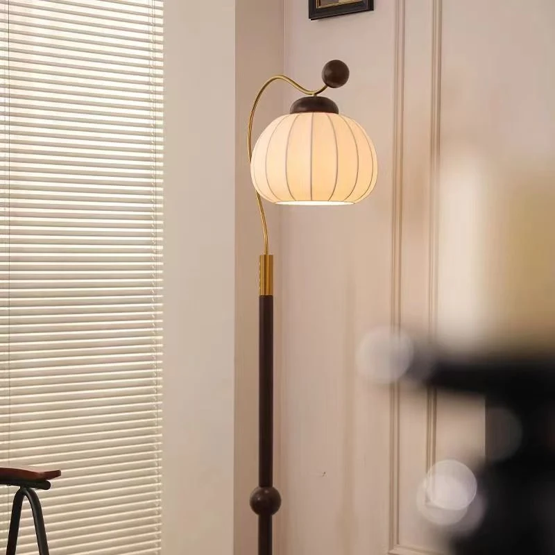 Traditional Japanese Silk Round Shade Wood Aluminum Pole 1-Light Standing Floor Lamp For Living Room