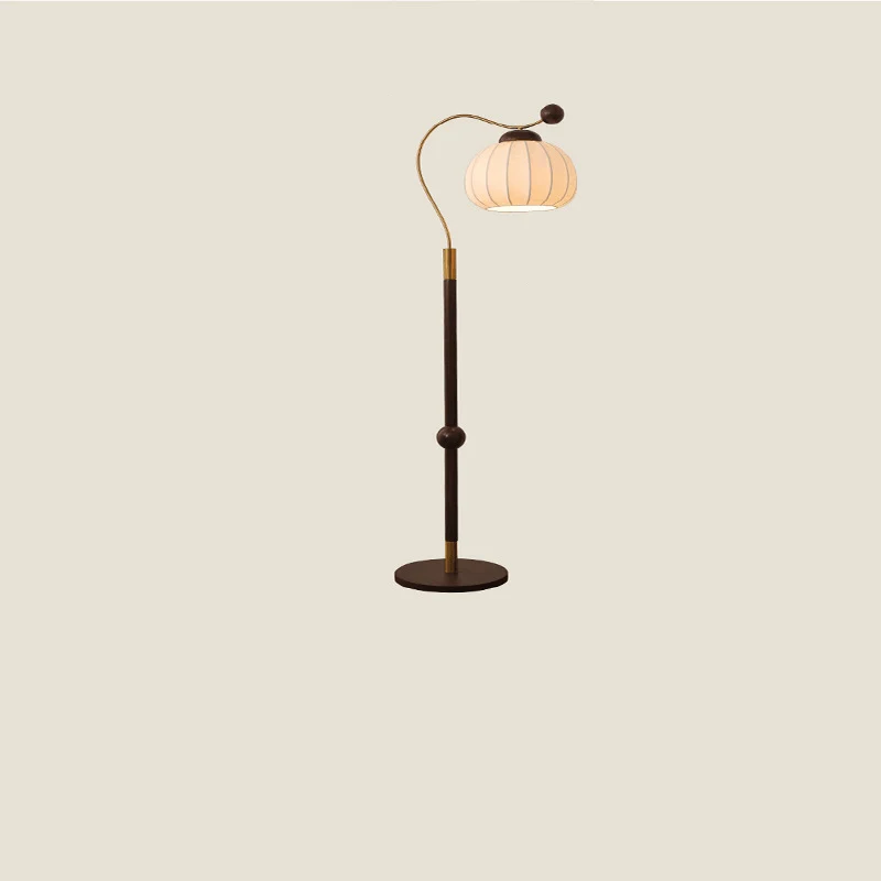Traditional Japanese Silk Round Shade Wood Aluminum Pole 1-Light Standing Floor Lamp For Living Room