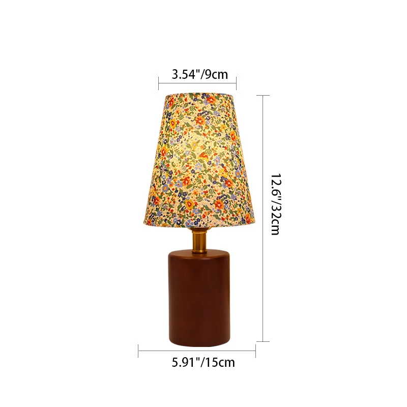 Traditional Vintage Round Table Sphere Cylinder Base Floral Trim Solid Wood Fabric LED Table Lamp For Bedroom