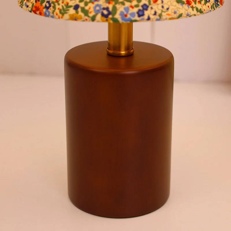 Traditional Vintage Round Table Sphere Cylinder Base Floral Trim Solid Wood Fabric LED Table Lamp For Bedroom