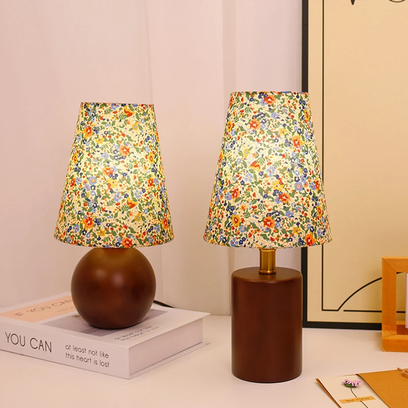 Traditional Vintage Round Table Sphere Cylinder Base Floral Trim Solid Wood Fabric LED Table Lamp For Bedroom