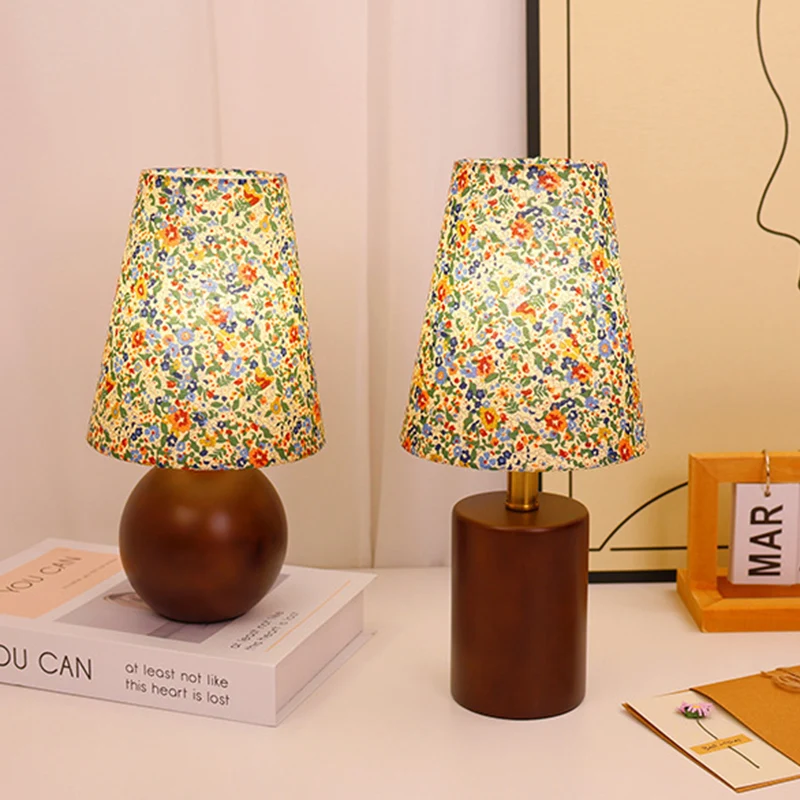 Traditional Vintage Round Table Sphere Cylinder Base Floral Trim Solid Wood Fabric LED Table Lamp For Bedroom