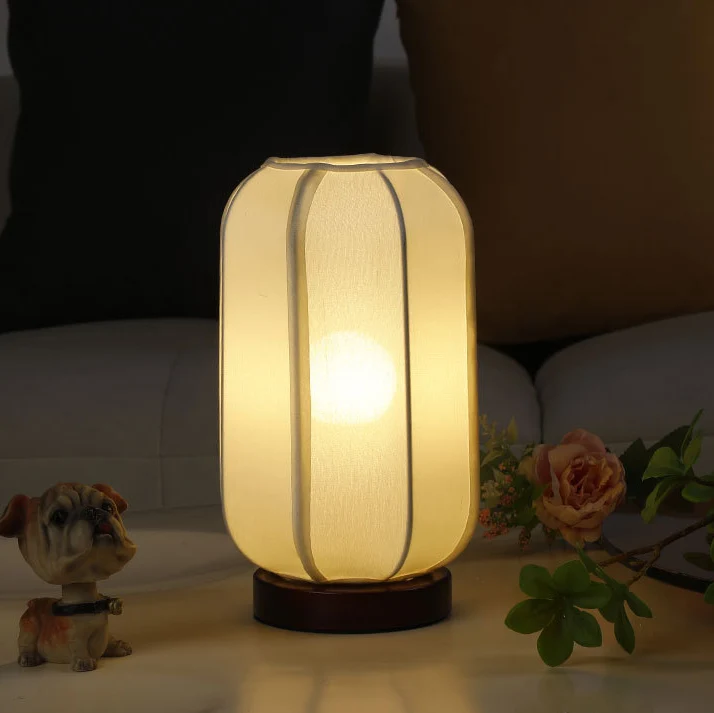 Traditional Chinese Fabric Cylinder Shade Wood Base 1-Light Table Lamp For Bedroom