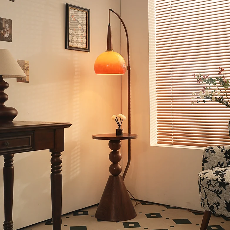 Contemporary Retro Glass Round Shade Plywood Shelves 1-Light Standing Floor Lamp For Home Office