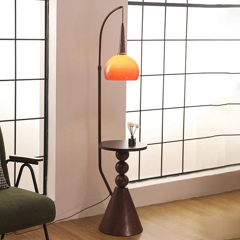 Contemporary Retro Glass Round Shade Plywood Shelves 1-Light Standing Floor Lamp For Home Office