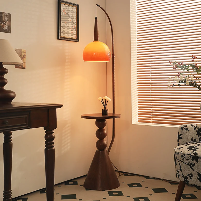 Contemporary Retro Glass Round Shade Plywood Shelves 1-Light Standing Floor Lamp For Home Office