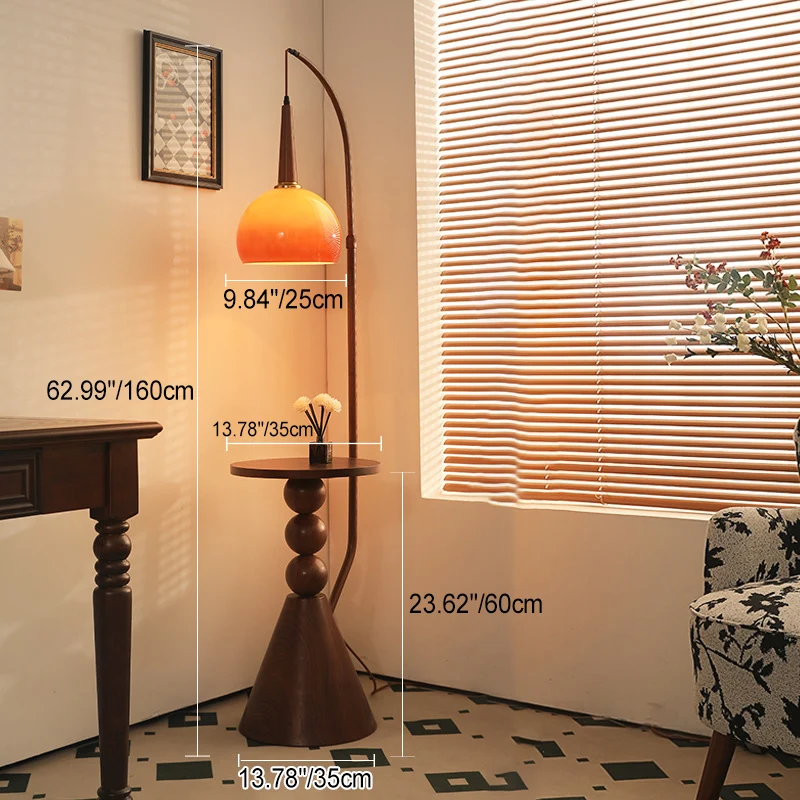 Contemporary Retro Glass Round Shade Plywood Shelves 1-Light Standing Floor Lamp For Home Office