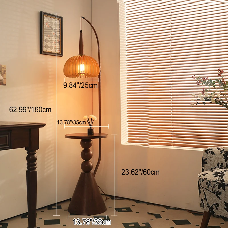 Contemporary Retro Glass Round Shade Plywood Shelves 1-Light Standing Floor Lamp For Home Office