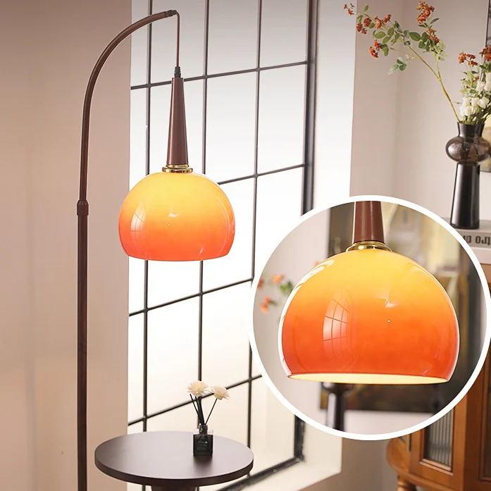 Contemporary Retro Glass Round Shade Plywood Shelves 1-Light Standing Floor Lamp For Home Office