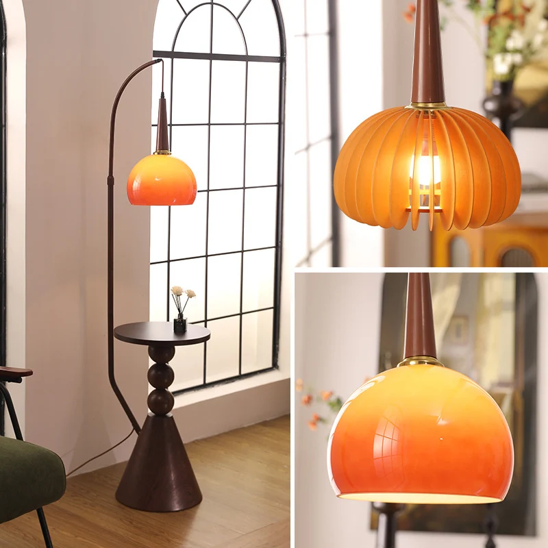 Contemporary Retro Glass Round Shade Plywood Shelves 1-Light Standing Floor Lamp For Home Office