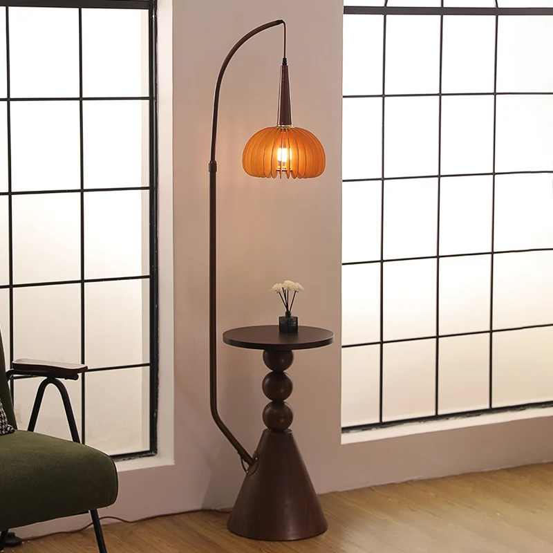 Contemporary Retro Glass Round Shade Plywood Shelves 1-Light Standing Floor Lamp For Home Office
