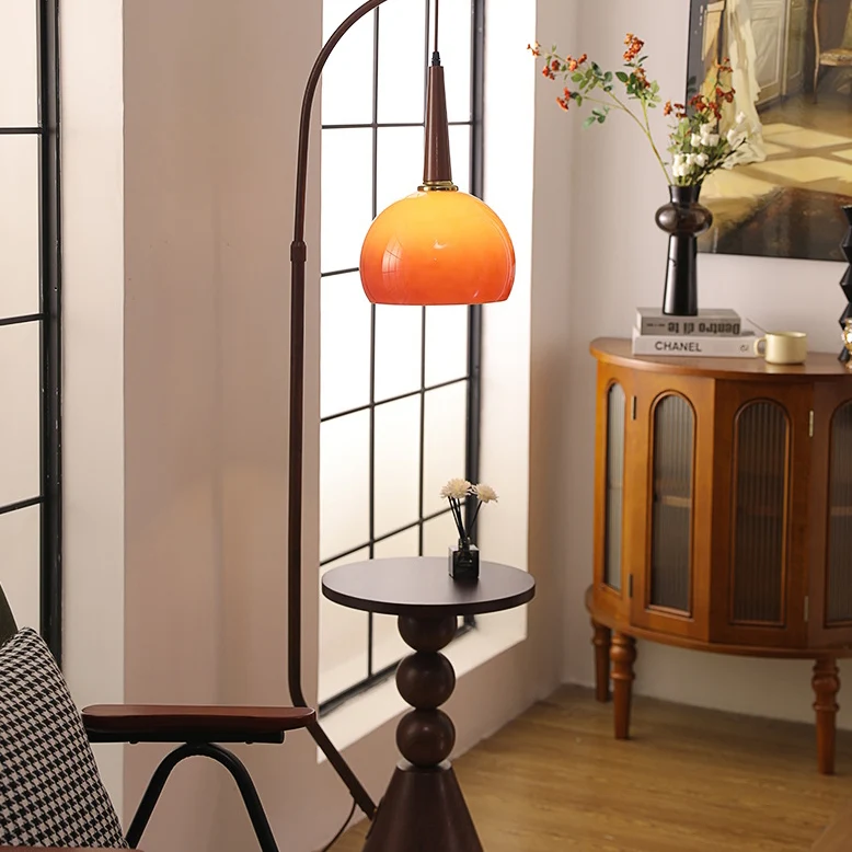 Contemporary Retro Glass Round Shade Plywood Shelves 1-Light Standing Floor Lamp For Home Office