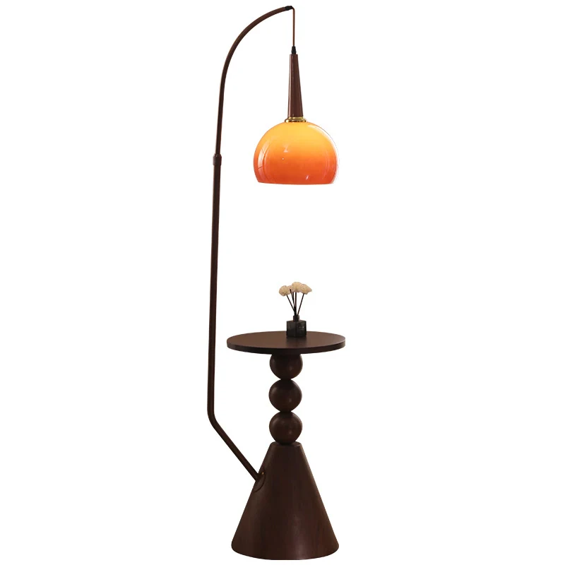 Contemporary Retro Glass Round Shade Plywood Shelves 1-Light Standing Floor Lamp For Home Office