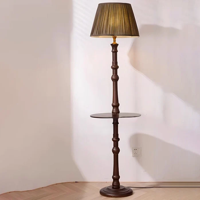 Contemporary Retro Pleated Fabric Shade Wooden Pole Base 1-Light Standing Floor Lamp For Home Office