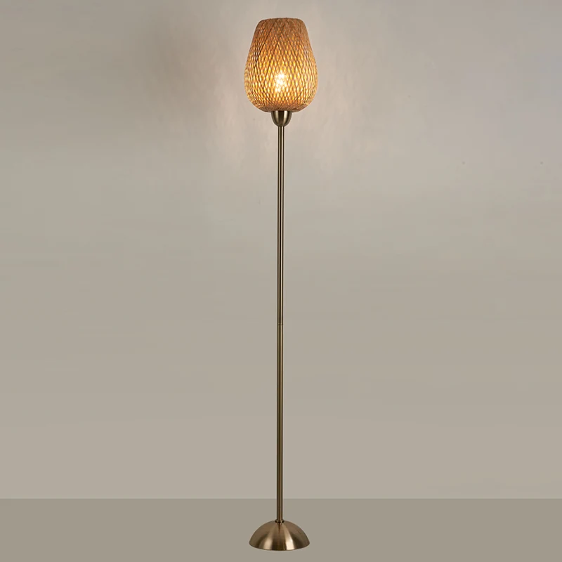 Contemporary Boho Weaving Bamboo Metal Lantern 1-Light Standing Floor Lamp For Living Room