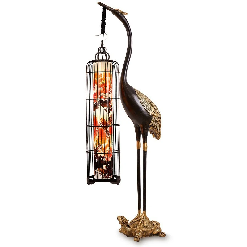 Traditional Chinese Metal Resin Fabric PVC Iron Crane Lantern Birdcage 1/2 Light Standing Floor Lamp For Living Room