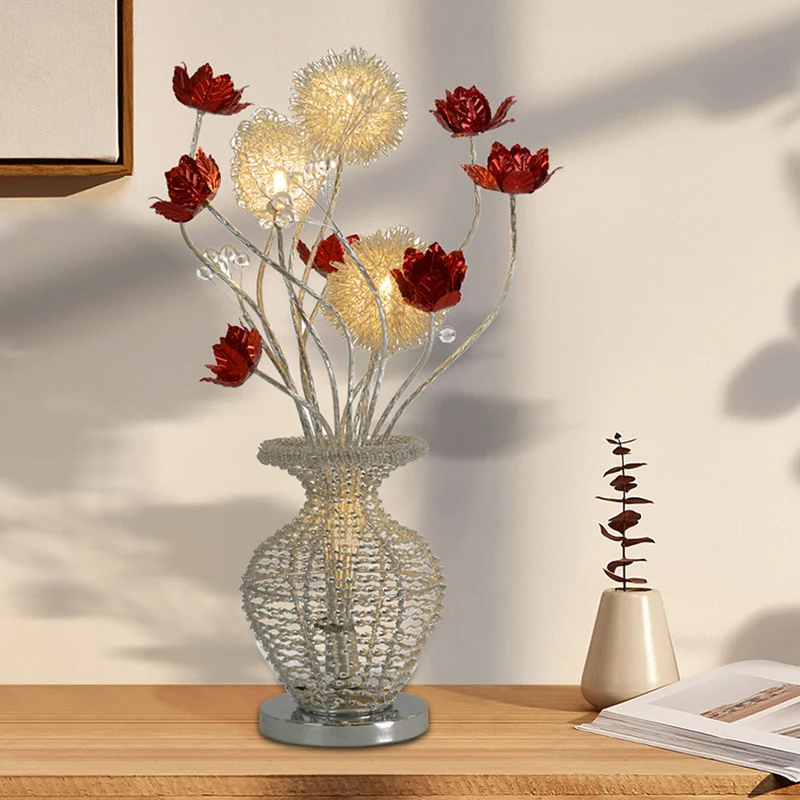 Modern Art Deco Aluminum Wire Weaving Decorative Vase Rose LED Table Lamp For Bedroom