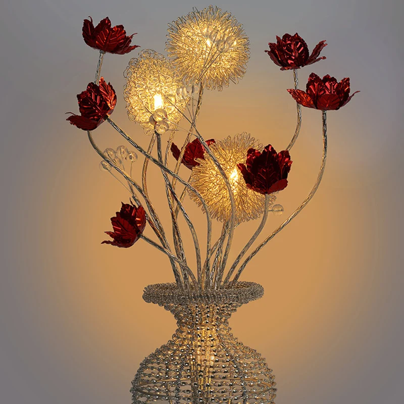 Modern Art Deco Aluminum Wire Weaving Decorative Vase Rose LED Table Lamp For Bedroom